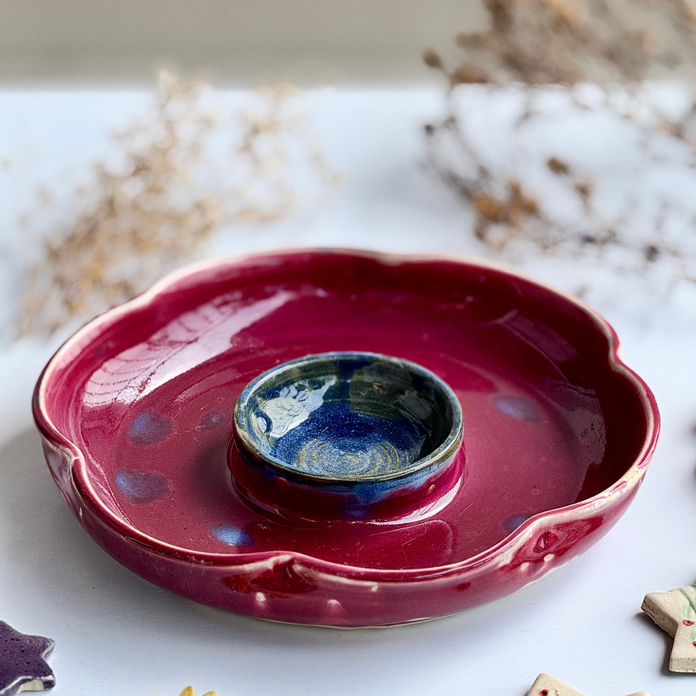 Blossom Dip Dish, top-down view showing the scalloped rim and blue centre well