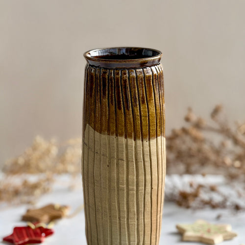 Harvest Fluted Vase, front view showing the amber-to-stoneware glaze line