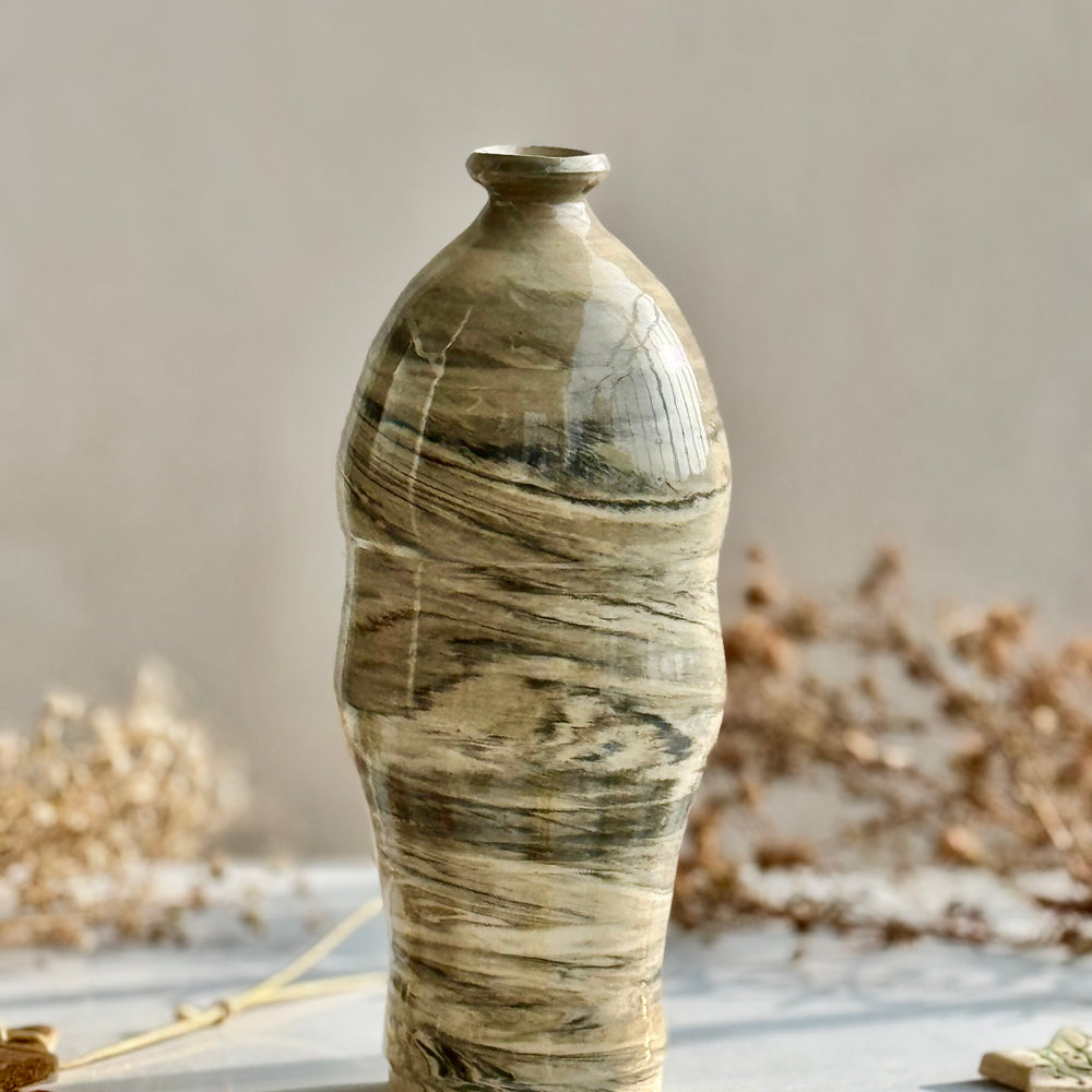 Driftwood Hourglass Vase, front view showing the marbled grey glaze