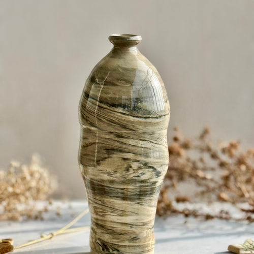 Driftwood Hourglass Vase, front view showing the marbled grey glaze