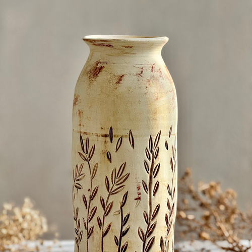 Meadow Etched Vase, front view showing the carved leaf motif