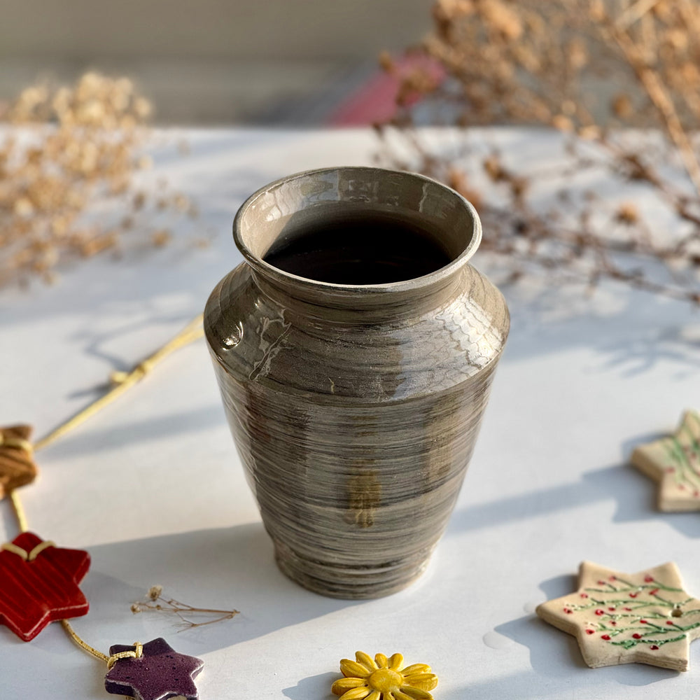 Olive Ridge Vase, close view of the ridged texture