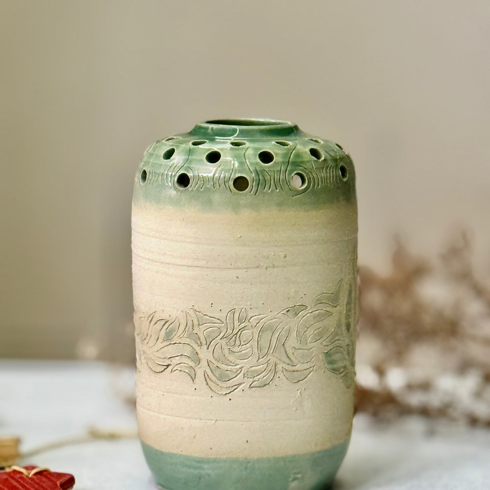 Fern Lantern Vase, front view showing the perforated green collar