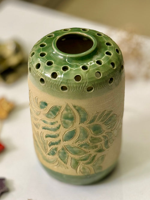 Fern Lantern Vase, close view of the perforated holes