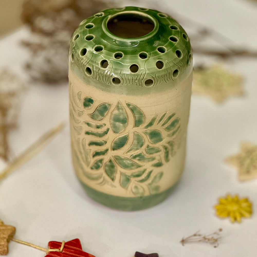 Fern Lantern Vase, front view showing the carved leaf motif