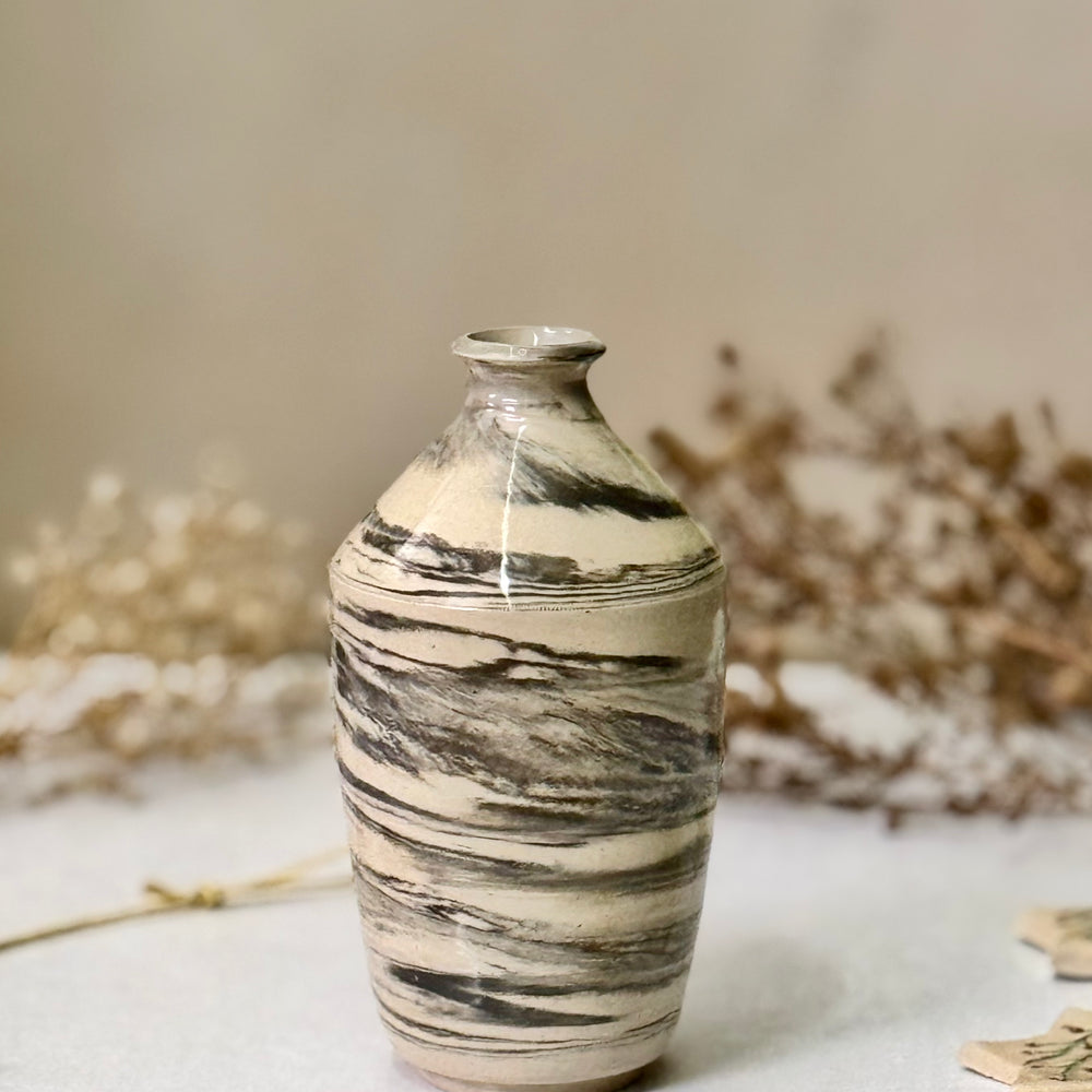 Stormline Vase, front view showing the marbled grey/black glaze