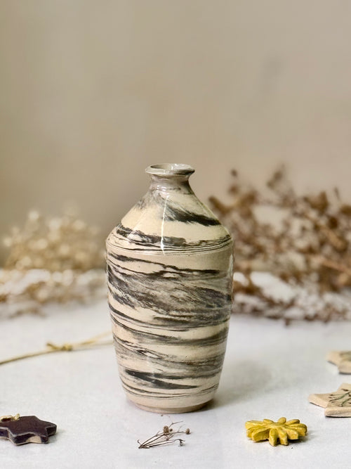 Stormline Vase, front view showing the marbled grey/black glaze
